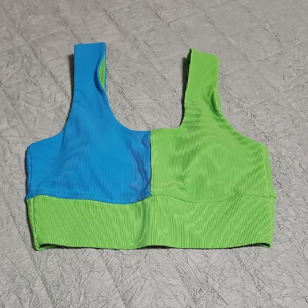 Beach Riot Blue and Lime Green Ribbed Crop Sports Bra